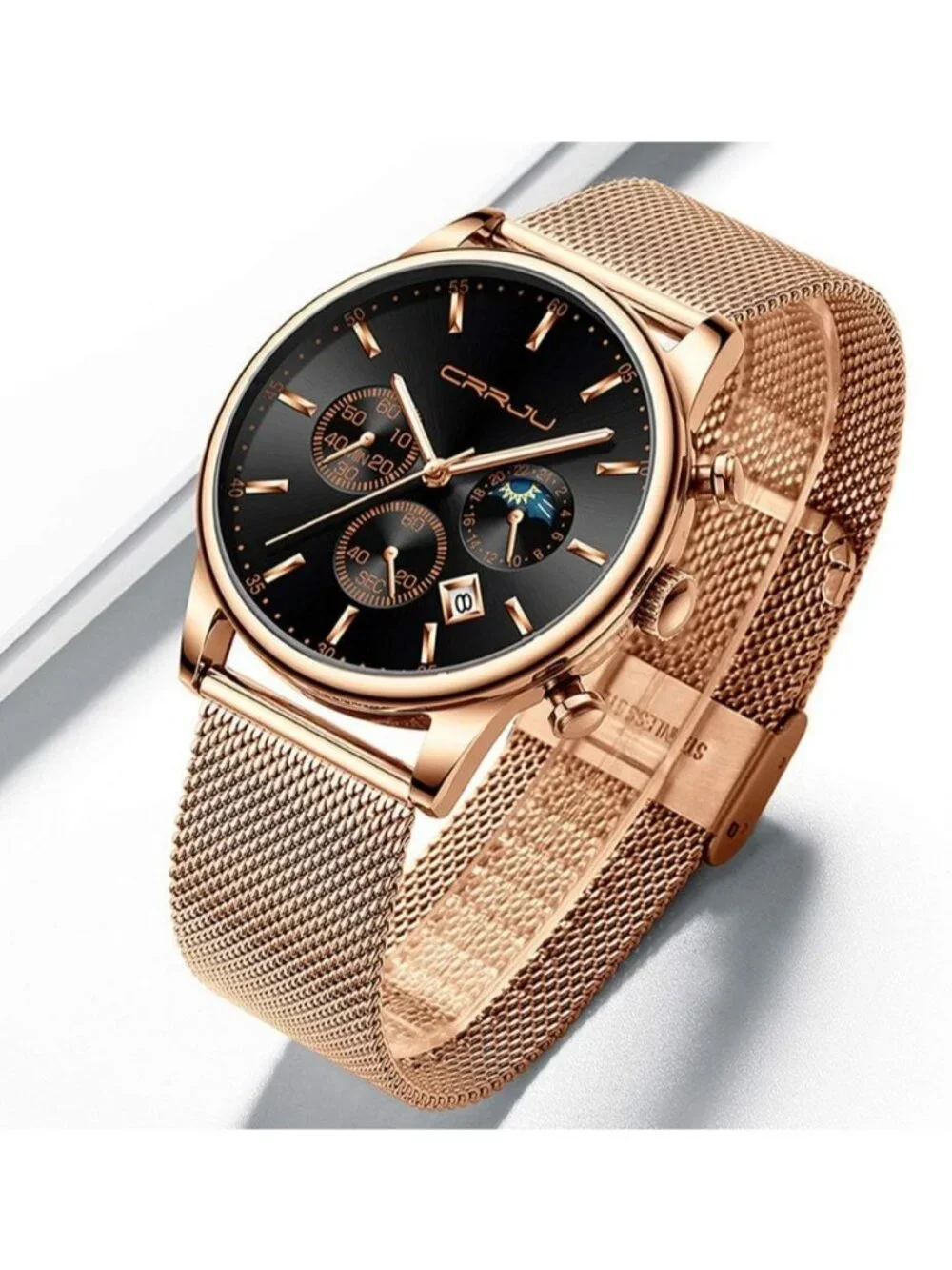 Men's Rose Black Chronograph Auto Date Steel Quartz with Mesh Strap Wristwatch